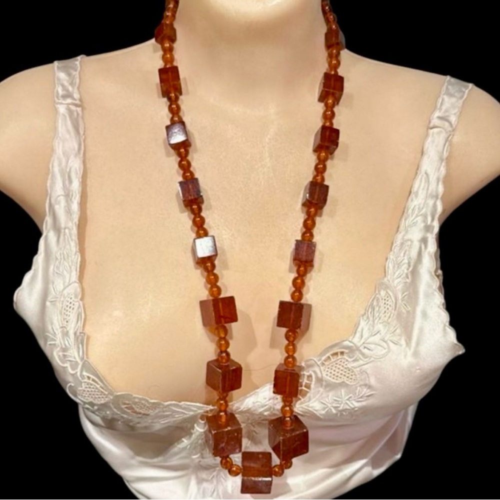 Vintage Art Deco Baltic Cognac Honey Amber Cubist Bead Necklace, 90g, 30” Long